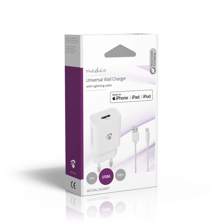 Nedis Vægoplader | 12 W | Hurtigopladningsfunktion | 1x 2.4 A A | Antal output: 1 | USB-A | Lightning 8-Pin (Loose) kabel | 1.00 m | Single Voltage Output | Hvid
