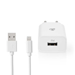 Nedis Vægoplader | 12 W | Hurtigopladningsfunktion | 1x 2.4 A A | Antal output: 1 | USB-A | Lightning 8-Pin (Loose) kabel | 1.00 m | Single Voltage Output | Hvid
