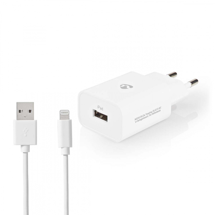 Nedis Vægoplader | 12 W | Hurtigopladningsfunktion | 1x 2.4 A A | Antal output: 1 | USB-A | Lightning 8-Pin (Loose) kabel | 1.00 m | Single Voltage Output | Hvid