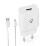 Nedis Vægoplader | 12 W | Hurtigopladningsfunktion | 1x 2.4 A A | Antal output: 1 | USB-A | Lightning 8-Pin (Loose) kabel | 1.00 m | Single Voltage Output | Hvid