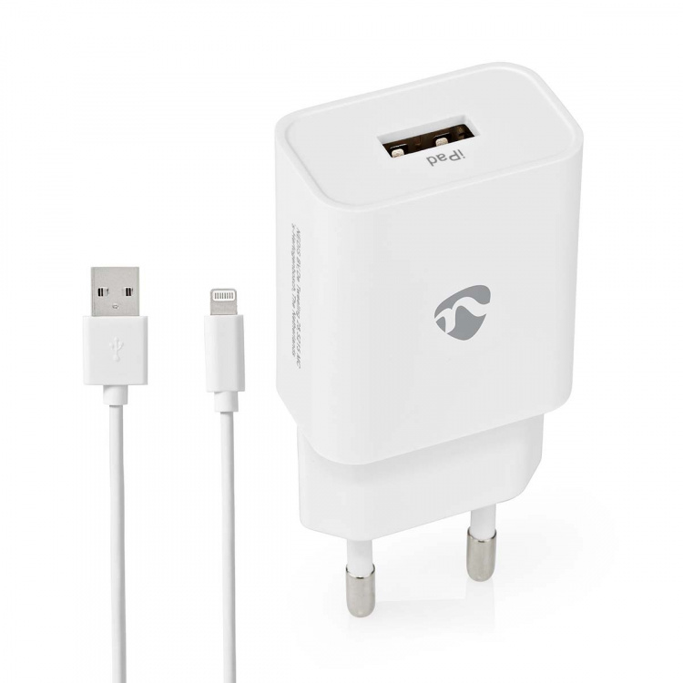 Nedis Vægoplader | 12 W | Hurtigopladningsfunktion | 1x 2.4 A A | Antal output: 1 | USB-A | Lightning 8-Pin (Loose) kabel | 1.00 m | Single Voltage Output | Hvid