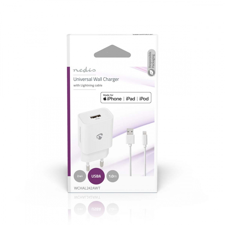 Nedis Vægoplader | 12 W | Hurtigopladningsfunktion | 1x 2.4 A A | Antal output: 1 | USB-A | Lightning 8-Pin (Loose) kabel | 1.00 m | Single Voltage Output | Hvid
