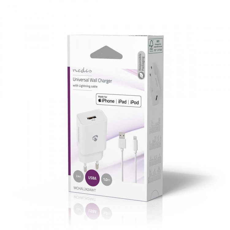 Nedis Vægoplader | 12 W | Hurtigopladningsfunktion | 1x 2.4 A A | Antal output: 1 | USB-A | Lightning 8-Pin (Loose) kabel | 1.00 m | Single Voltage Output | Hvid