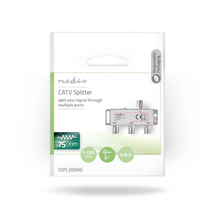 Nedis CATV Splitter | 5 - 1000 MHz | Tab af indsættelse: 6.8 dB | Antal output: 3 | 75 Ohm | Zinc Alloy