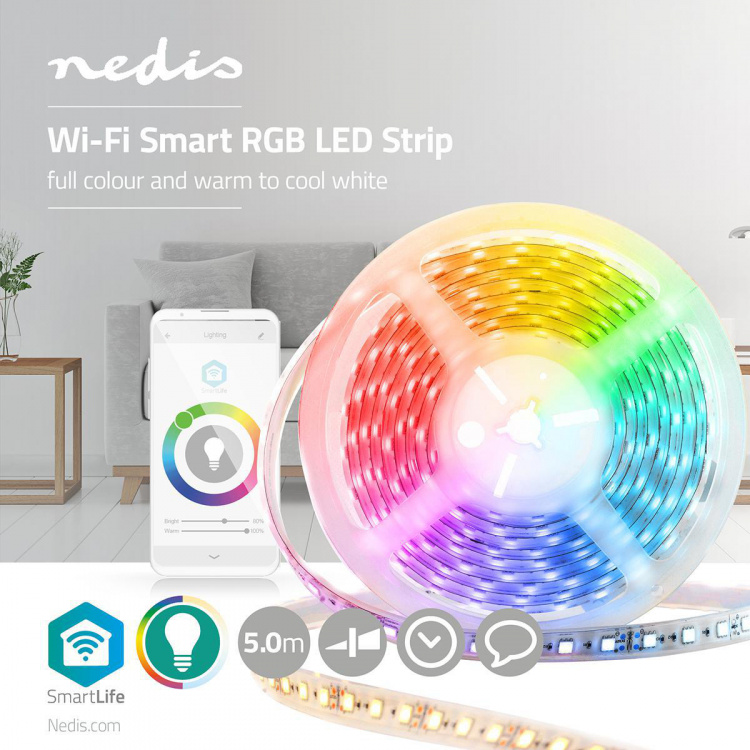 Nedis SmartLife LED-Bånd | Cool Hvid / RGB / Varm Hvid | SMD | 5.00 m | IP44 | 2700 - 6500 K | 960 lm | Android™ / IOS