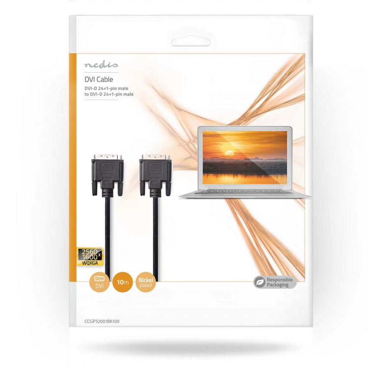 Nedis DVI-kabel | DVI-D 24 + 1-pin han | DVI-D 24 + 1-pin han | 2560x1600 | Nikkelplateret | 10.0 m | Lige | PVC | Sort | Konvolut