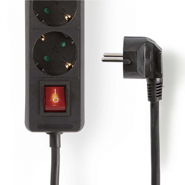 Nedis Udvidelse Socket | Stikprop med sidebens jord / Type F (CEE 7/7) | 3-vejs | 1.50 m | 3680 W | 16 A | Slags jordforbindelse: Sidekontakter | 230 V AC 50/60 Hz | Kontakt Vinkel: 45 ° | H05VV-F 3G1.5mm² | Indbygget on/off-knap (tænd/sluk) | Sort