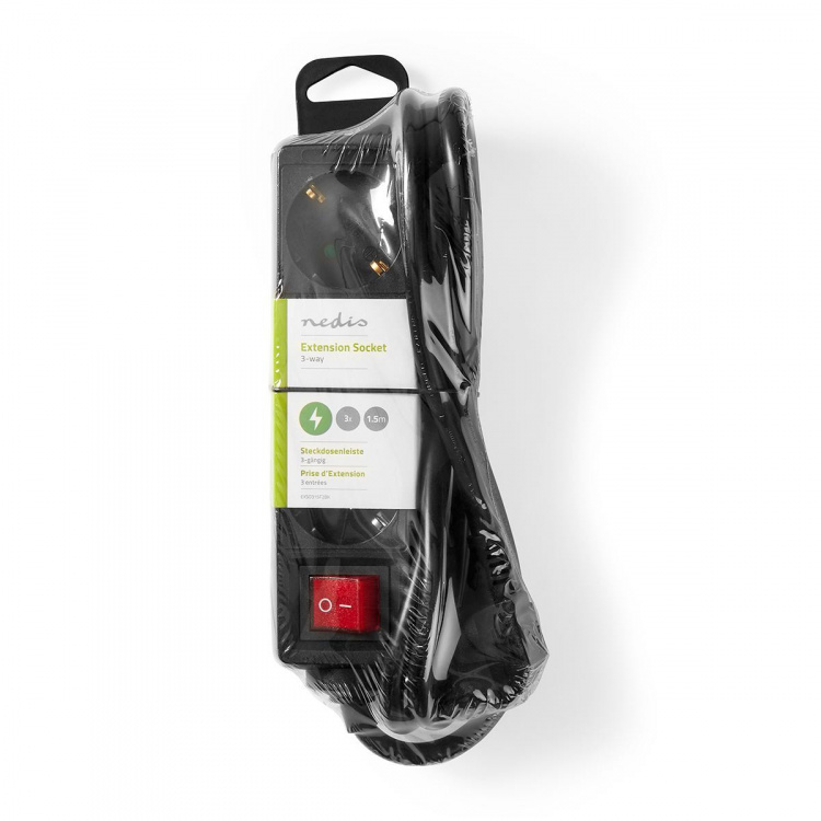 Nedis Udvidelse Socket | Stikprop med sidebens jord / Type F (CEE 7/7) | 3-vejs | 1.50 m | 3680 W | 16 A | Slags jordforbindelse: Sidekontakter | 230 V AC 50/60 Hz | Kontakt Vinkel: 45 ° | H05VV-F 3G1.5mm² | Indbygget on/off-knap (tænd/sluk) | Sort
