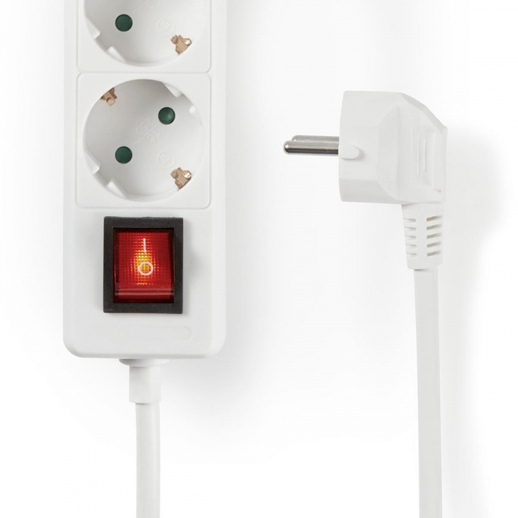 Nedis Udvidelse Socket | Stikprop med sidebens jord / Type F (CEE 7/7) | 3-vejs | 1.50 m | 3680 W | 16 A | Slags jordforbindelse: Sidekontakter | 230 V AC 50/60 Hz | Kontakt Vinkel: 45 ° | H05VV-F 3G1.5mm² | Indbygget on/off-knap (tænd/sluk) | Hvid