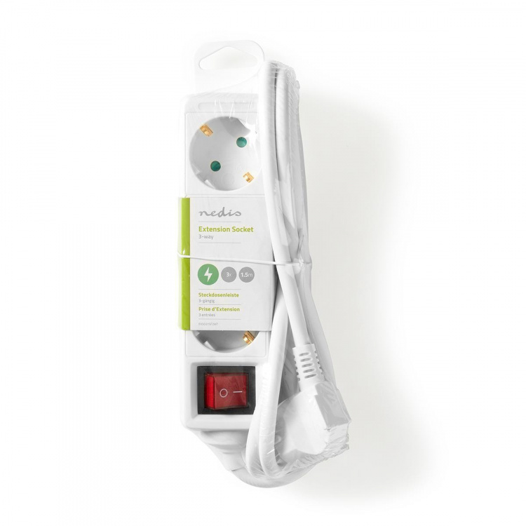 Nedis Udvidelse Socket | Stikprop med sidebens jord / Type F (CEE 7/7) | 3-vejs | 1.50 m | 3680 W | 16 A | Slags jordforbindelse: Sidekontakter | 230 V AC 50/60 Hz | Kontakt Vinkel: 45 ° | H05VV-F 3G1.5mm² | Indbygget on/off-knap (tænd/sluk) | Hvid