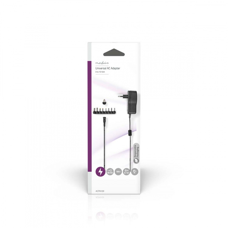 Nedis Universal AC Power Adapter | 18 W | 3 - 12 V DC | 1.10 m | 1.5 A | 8 plug(s) | Sort