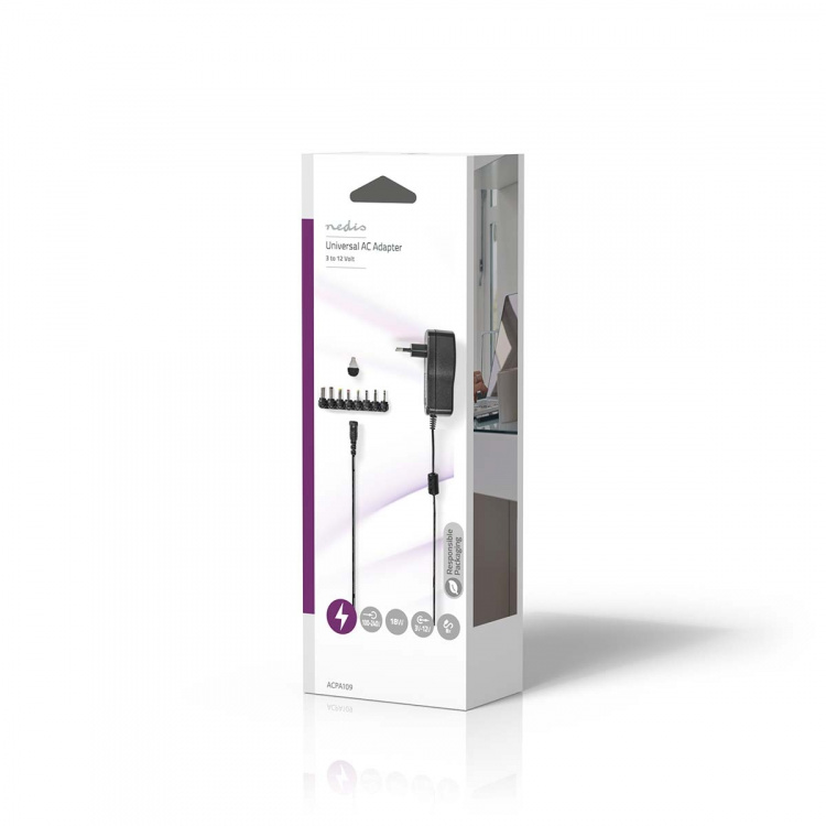 Nedis Universal AC Power Adapter | 18 W | 3 - 12 V DC | 1.10 m | 1.5 A | 8 plug(s) | Sort