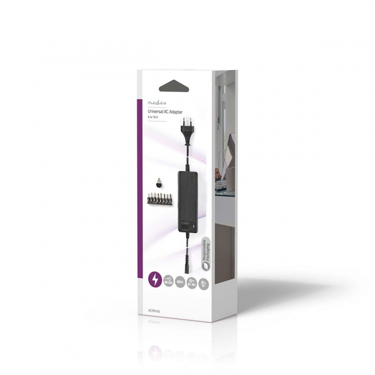 Nedis Universal AC Power Adapter | 60 W | 6 - 16 V DC | 1.10 m | 5.0 - 5.2 A | 8 plug(s) | Sort