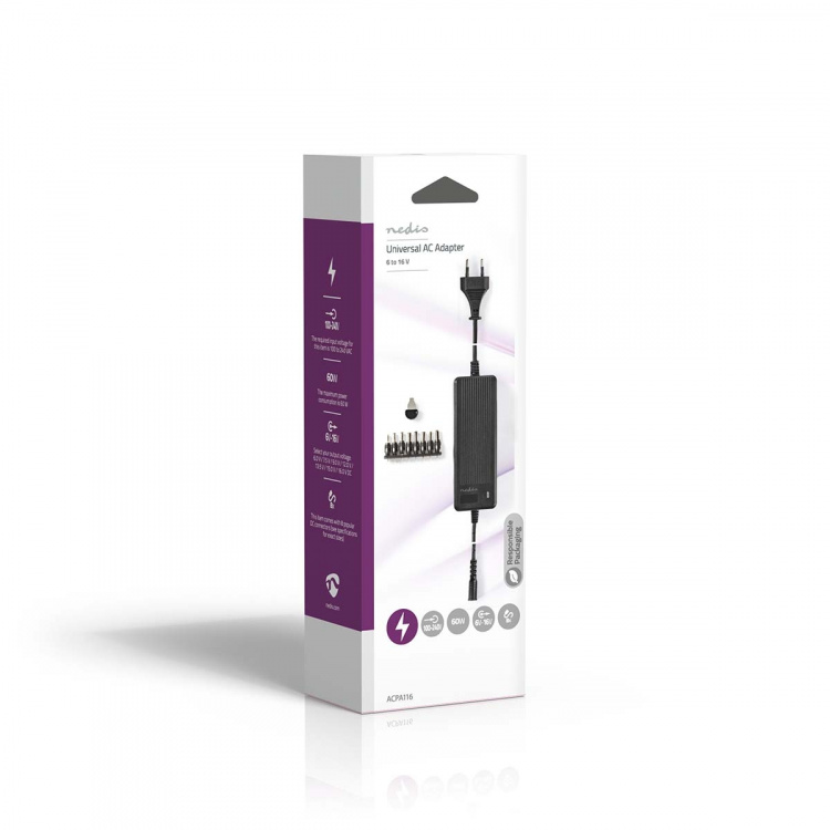 Nedis Universal AC Power Adapter | 60 W | 6 - 16 V DC | 1.10 m | 5.0 - 5.2 A | 8 plug(s) | Sort
