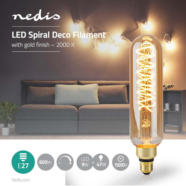 Nedis LED glødepære E27 | T65 | 8.5 W | 600 lm | 2000 K | Dæmpbar | Med guld finish | Retro stil | 1 stk