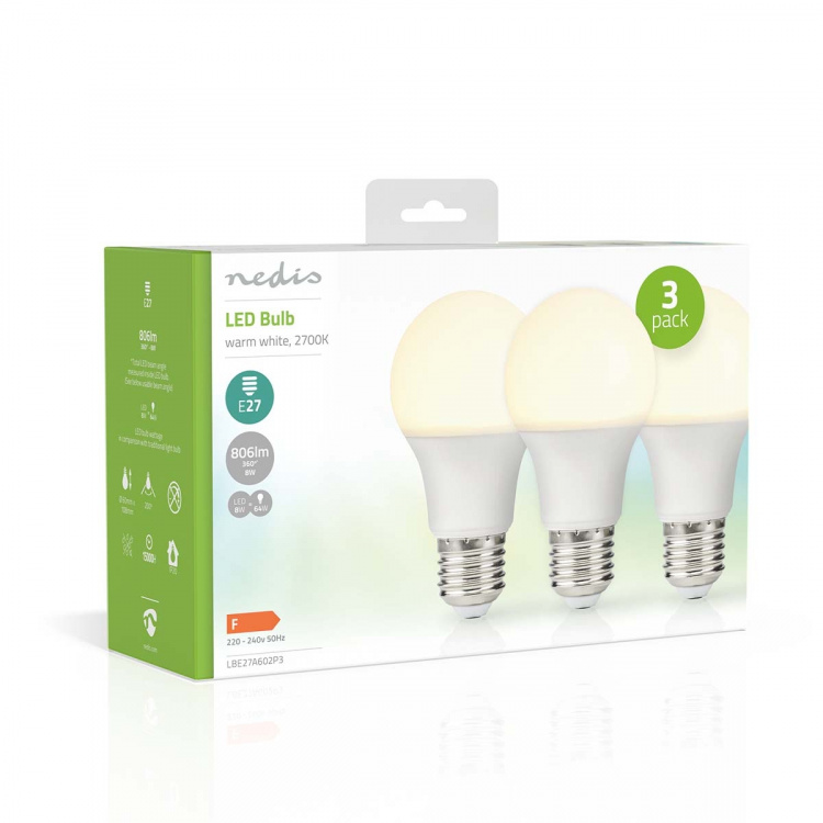 Nedis LED Pære E27 | A60 | 8.0 W | 806 lm | 2700 K | Varm Hvid | Retro stil | Frosted | 3 stk