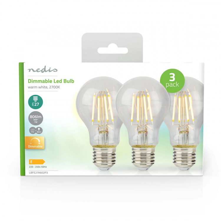 Nedis LED glødepære E27 | A60 | 7 W | 806 lm | 2700 K | Dæmpbar | Varm Hvid | Retro stil | 3 stk