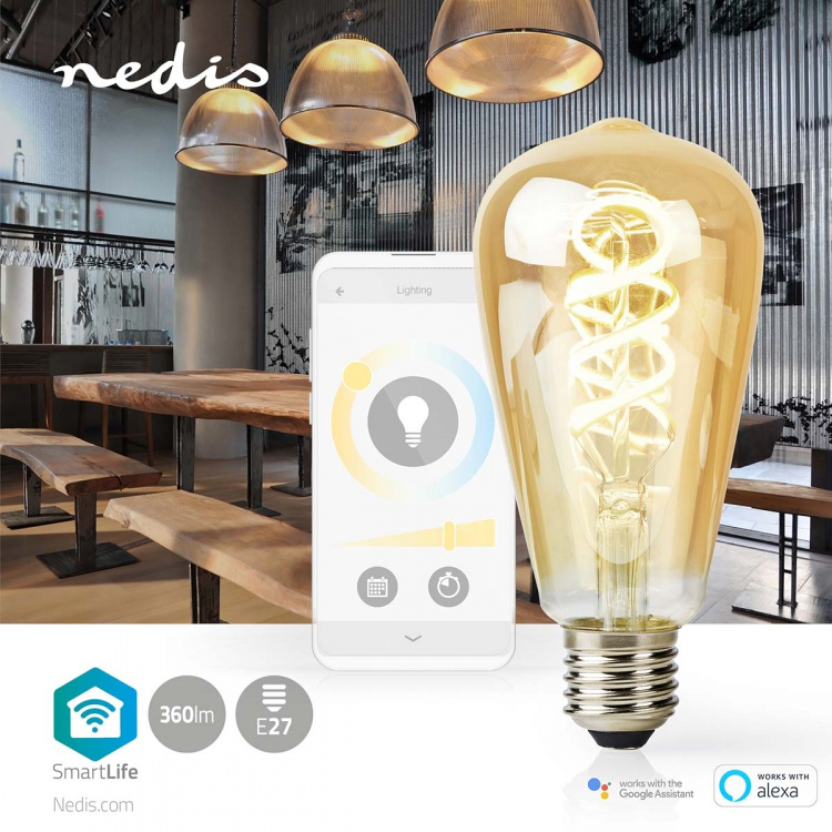 Nedis SmartLife LED Glødepære | E27 | 360 lm | 4.90 W | Varm til kølig hvid | 1800 - 6500 K | Glas | Android™ / IOS | ST64 | 1 stk
