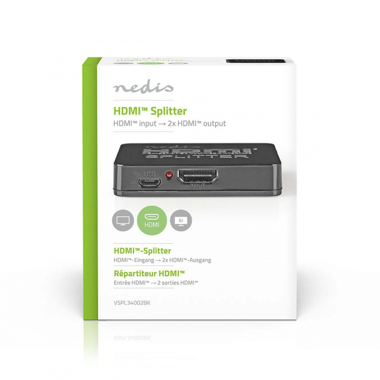 Nedis HDMI ™ Splitter | 2-Port port(s) | 2x HDMI™ Output | 4K@30Hz | 2.25 Gbps | ABS / PVC | Sort