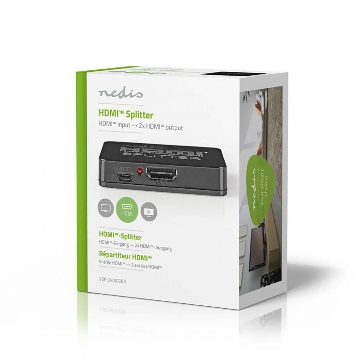 Nedis HDMI ™ Splitter | 2-Port port(s) | 2x HDMI™ Output | 4K@30Hz | 2.25 Gbps | ABS / PVC | Sort