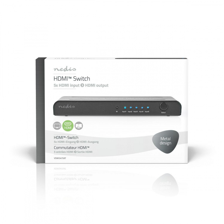 Nedis HDMI ™ switch | 5-Port port(s) | 5x HDMI™ Input | 1x HDMI™ Output | 4K@60Hz | 18 Gbps | Fjernstyret | Metal | Antracit