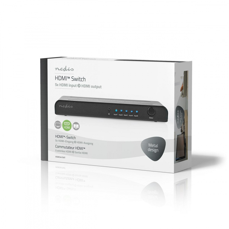Nedis HDMI ™ switch | 5-Port port(s) | 5x HDMI™ Input | 1x HDMI™ Output | 4K@60Hz | 18 Gbps | Fjernstyret | Metal | Antracit