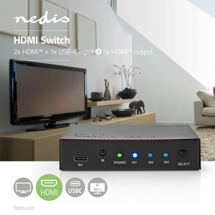 Nedis HDMI ™ switch | 3-Port port(s) | 1x USB-C™ / 2x HDMI™ Input | 1x HDMI™ Output | 4K@60Hz | 18.0 Gbps | Metal | Antracit