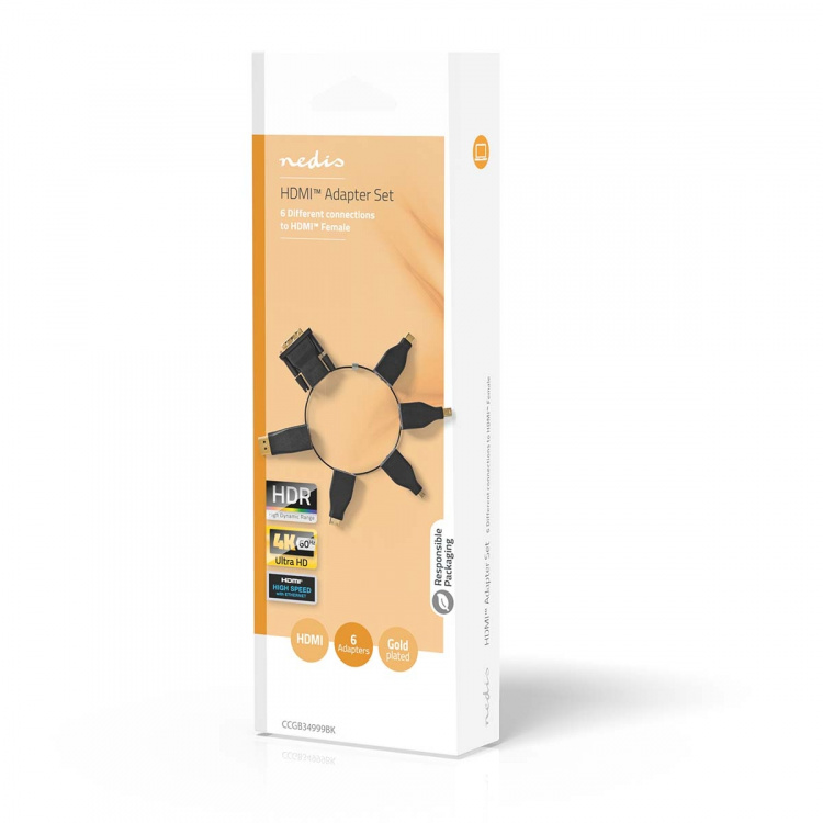 Nedis HDMI™ Adapter | DisplayPort Han / DVI-D 24 + 1-pin han / HDMI™ Micro-stik / HDMI™ Mini-stik / Mini DisplayPort han / USB-C™ Han | HDMI ™ -udgang | Guldplateret | Lige | PVC | Sort | 1 stk. | Box
