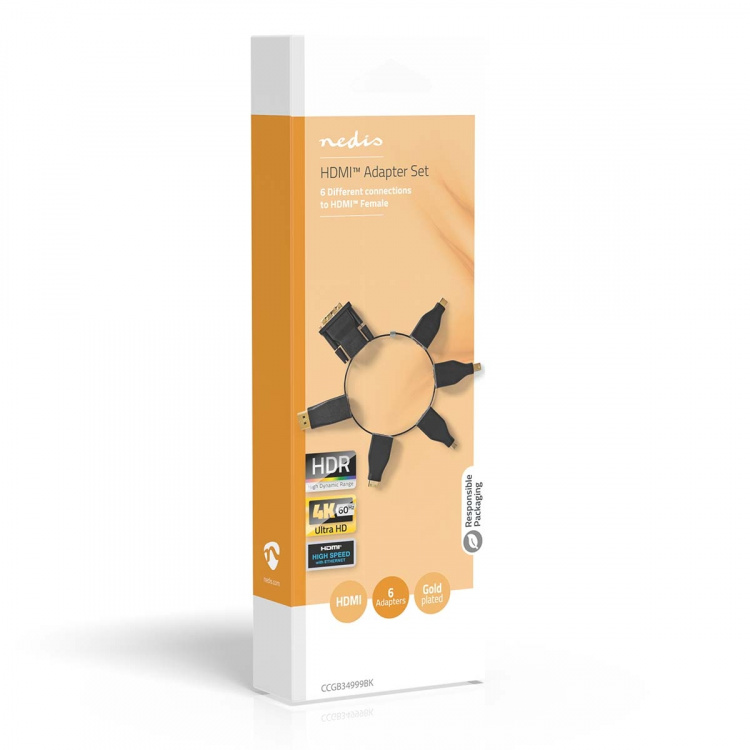 Nedis HDMI™ Adapter | DisplayPort Han / DVI-D 24 + 1-pin han / HDMI™ Micro-stik / HDMI™ Mini-stik / Mini DisplayPort han / USB-C™ Han | HDMI ™ -udgang | Guldplateret | Lige | PVC | Sort | 1 stk. | Box