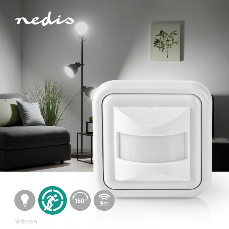 Nedis bevægelsesdetektor | Indendørs | 2-leder / 3-Wire | Type F (CEE 7/7) | 160 ° | 5 - 200 W | 200 W | 500 W | 3 - 2000 Lux | Sensor-teknologi: PIR | Sensor rækkevidde: 0.0 - 9.0 m