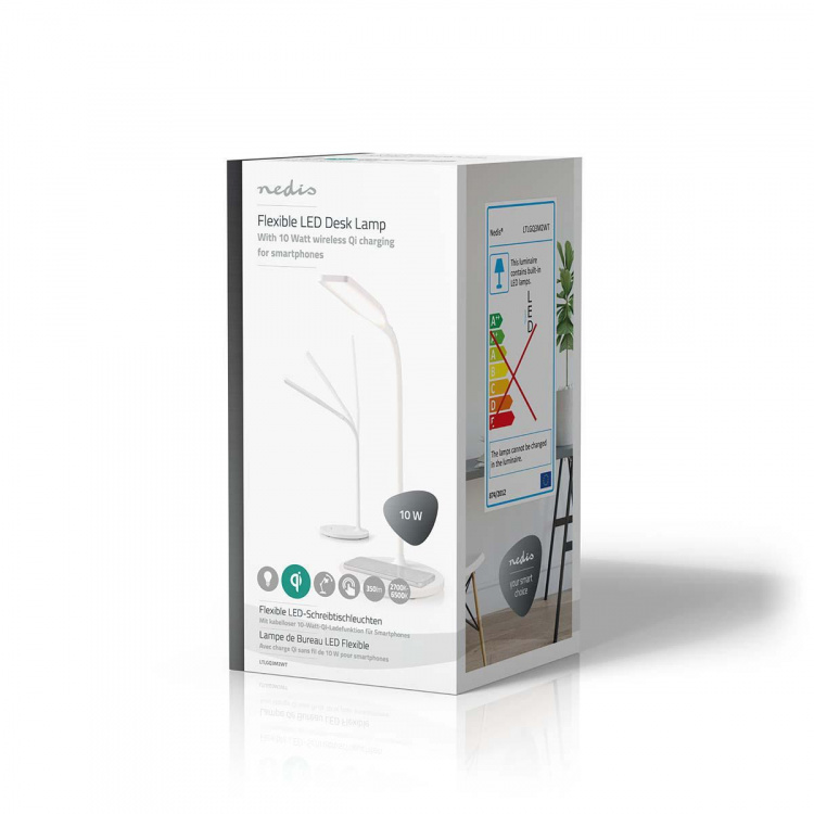 Nedis LED-lampe med trådløs oplader | Dimmer - Til produkt | LED / Qi | 10 W | Med dæmpning | Cool Hvid / Naturlig Hvid / Varm Hvid | 2700 - 6500 K