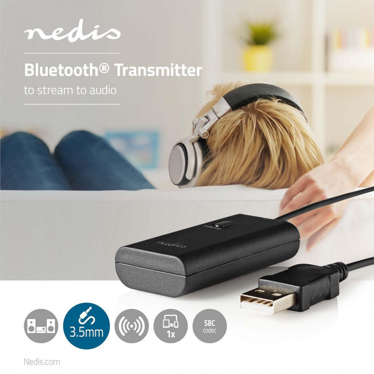 Nedis Bluetooth® Transmitter | Tilslutninger indgang: 1x AUX / 1x USB | SBC | Op til 1 enhed | Sort