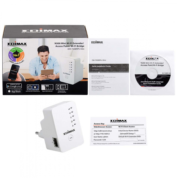 Edimax N300 Mini Wi-Fi Extender/Adgangspunkt/Wi-Fi Bridge Hvid Edimax N300 Mini Wi-Fi Extender/Adgangspunkt/Wi-Fi Bridge Hvid