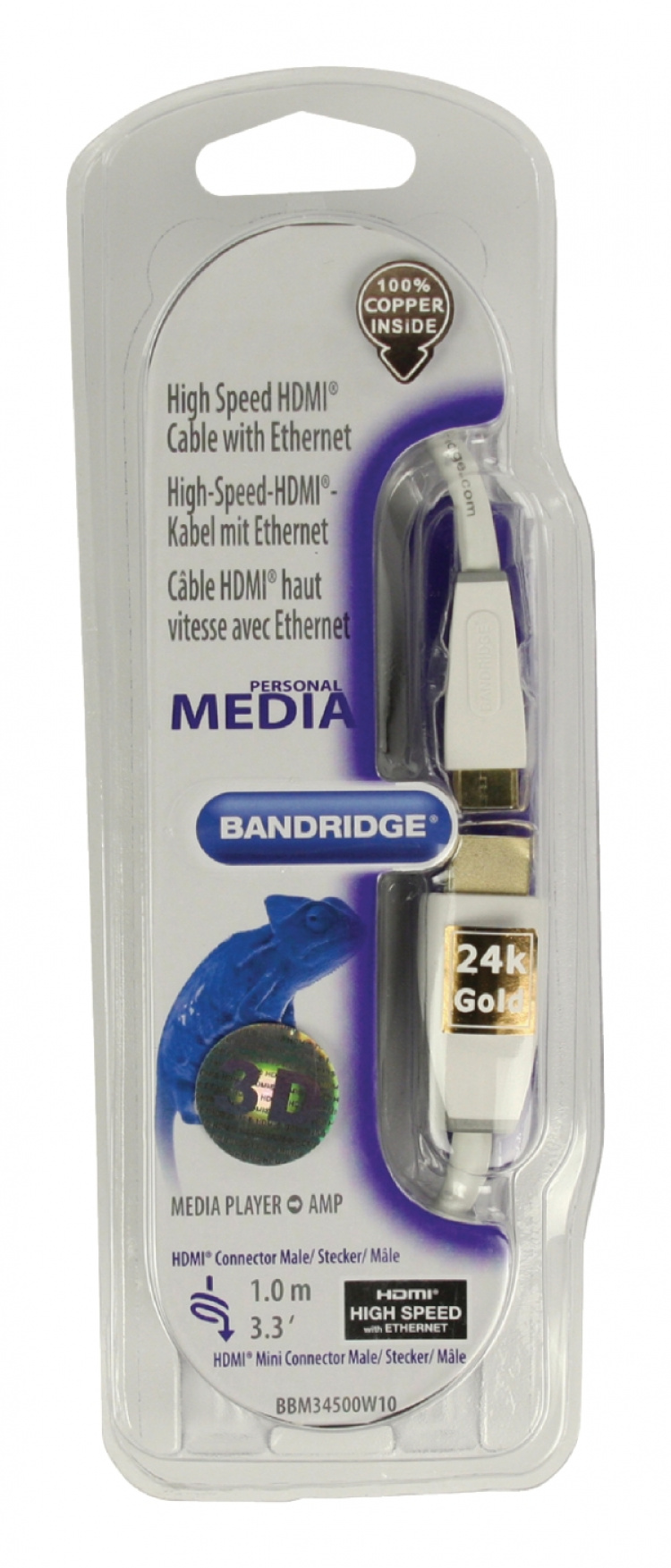 Bandridge High Speed Hdmi Kabel Med Ethernet HDMI-Stik - HDMI Mini Male 1.00 m Hvid