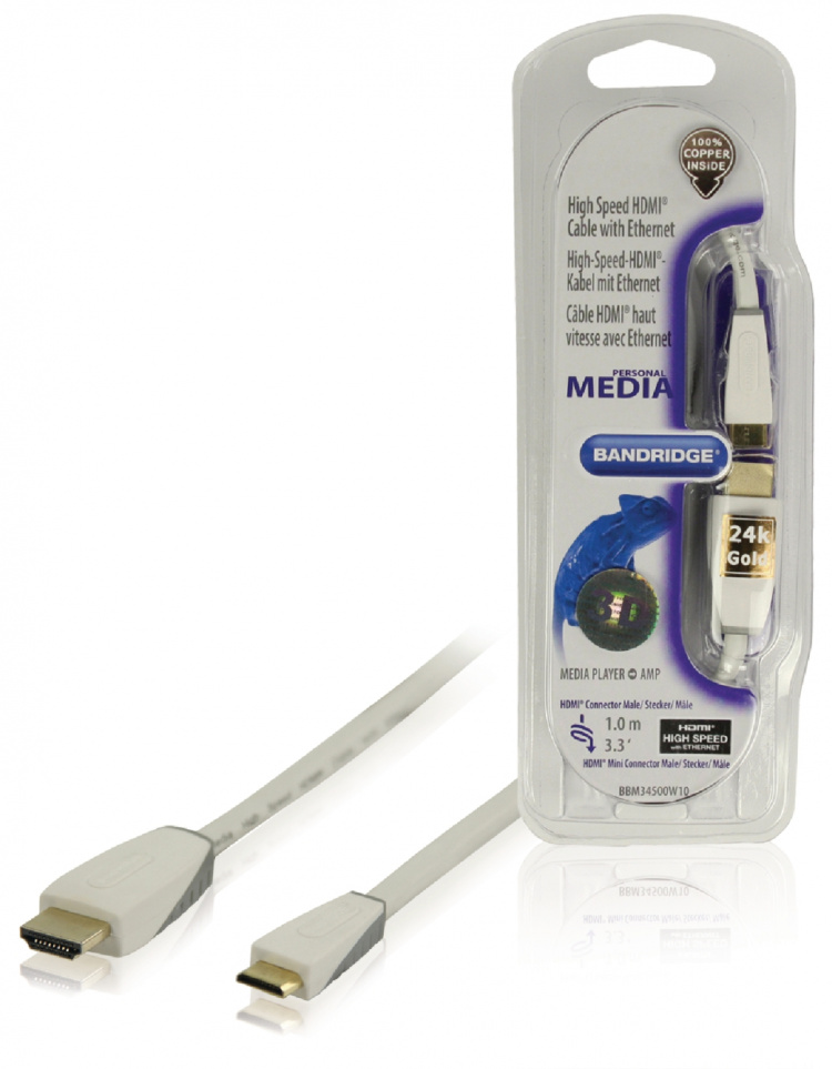 Bandridge High Speed Hdmi Kabel Med Ethernet HDMI-Stik - HDMI Mini Male 1.00 m Hvid