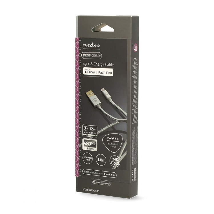 Nedis Lightning Kabel | USB 2.0 | Apple Lightning 8-pin | USB-A Han | 480 Mbps | Guldplateret | 1.00 m | Runde | Flettet / Nylon | Aluminium | Cover Window Box