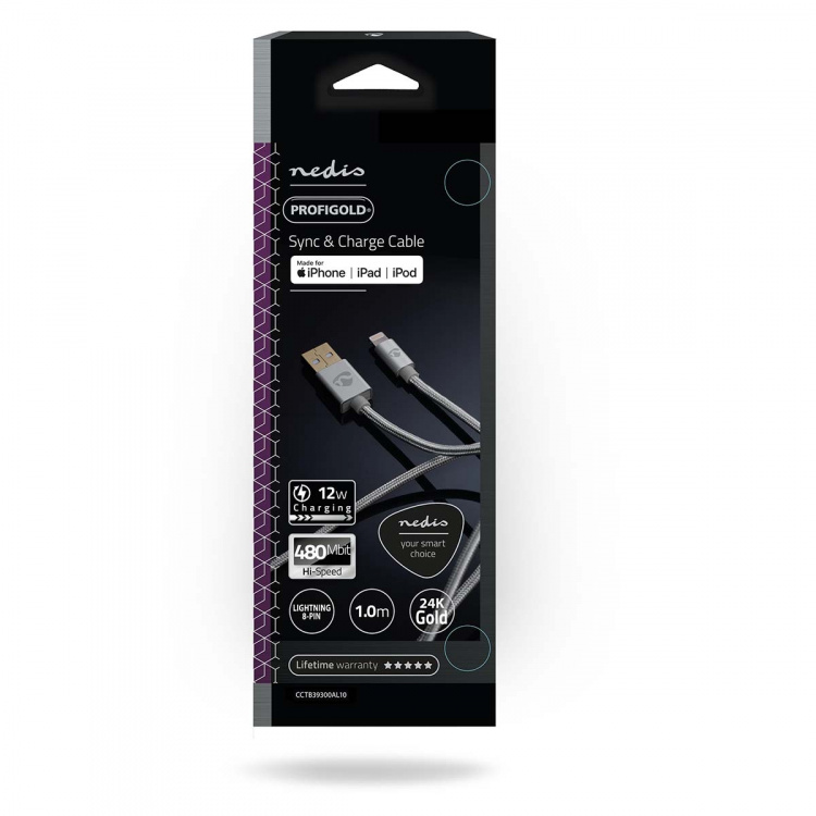 Nedis Lightning Kabel | USB 2.0 | Apple Lightning 8-pin | USB-A Han | 480 Mbps | Guldplateret | 1.00 m | Runde | Flettet / Nylon | Aluminium | Cover Window Box