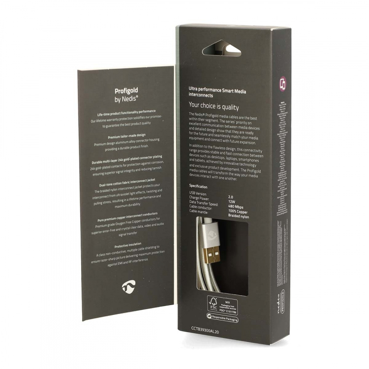 Nedis Lightning Kabel | USB 2.0 | Apple Lightning 8-pin | USB-A Han | 480 Mbps | Guldplateret | 2.00 m | Runde | Flettet / Nylon | Aluminium | Cover Window Box