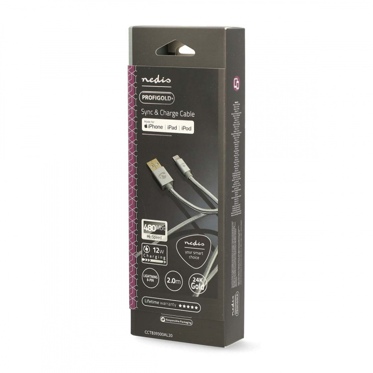Nedis Lightning Kabel | USB 2.0 | Apple Lightning 8-pin | USB-A Han | 480 Mbps | Guldplateret | 2.00 m | Runde | Flettet / Nylon | Aluminium | Cover Window Box
