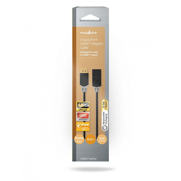 Nedis Displayport kabel | DisplayPort Han | HDMI ™ -udgang | 4K@30Hz | Guldplateret | 0.20 m | Runde | PVC | Antracit | Box