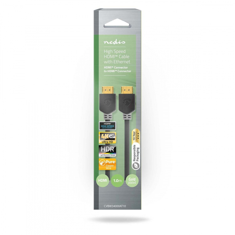 Nedis High Speed ​​HDMI ™ kabel med Ethernet | HDMI™ Stik | HDMI™ Stik | 4K@60Hz | ARC | 18 Gbps | 1.00 m | Runde | PVC | Antracit | Box