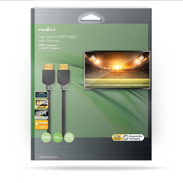 Nedis High Speed ​​HDMI ™ kabel med Ethernet | HDMI™ Stik | HDMI™ Stik | 4K@30Hz | ARC | 10.2 Gbps | 15.0 m | Runde | PVC | Antracit | Box