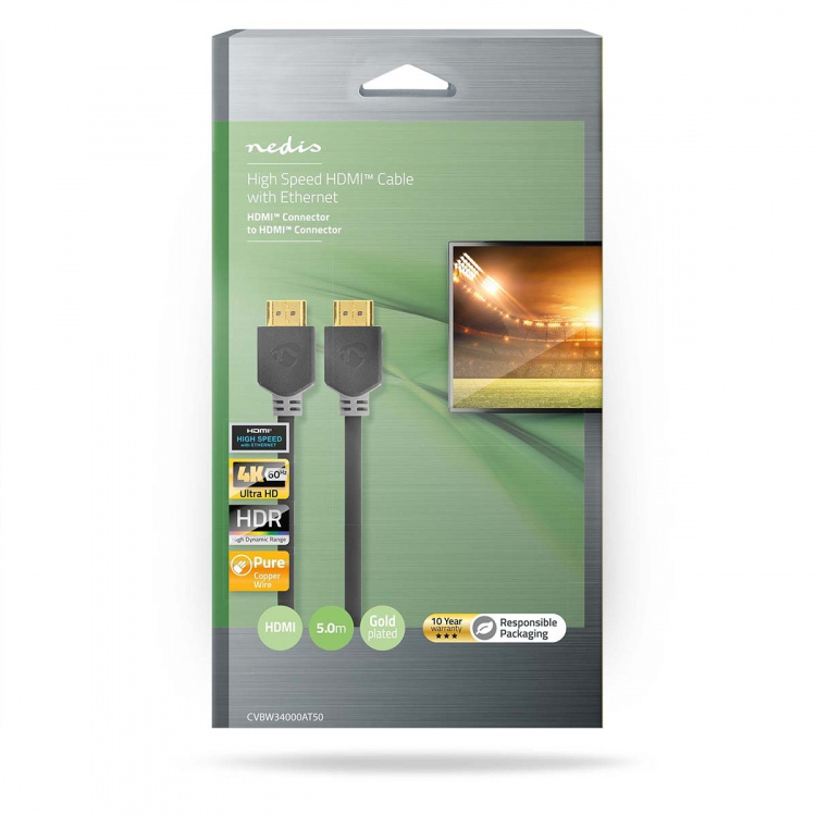 Nedis High Speed ​​HDMI ™ kabel med Ethernet | HDMI™ Stik | HDMI™ Stik | 4K@60Hz | ARC | 18 Gbps | 5.00 m | Runde | PVC | Antracit | Box