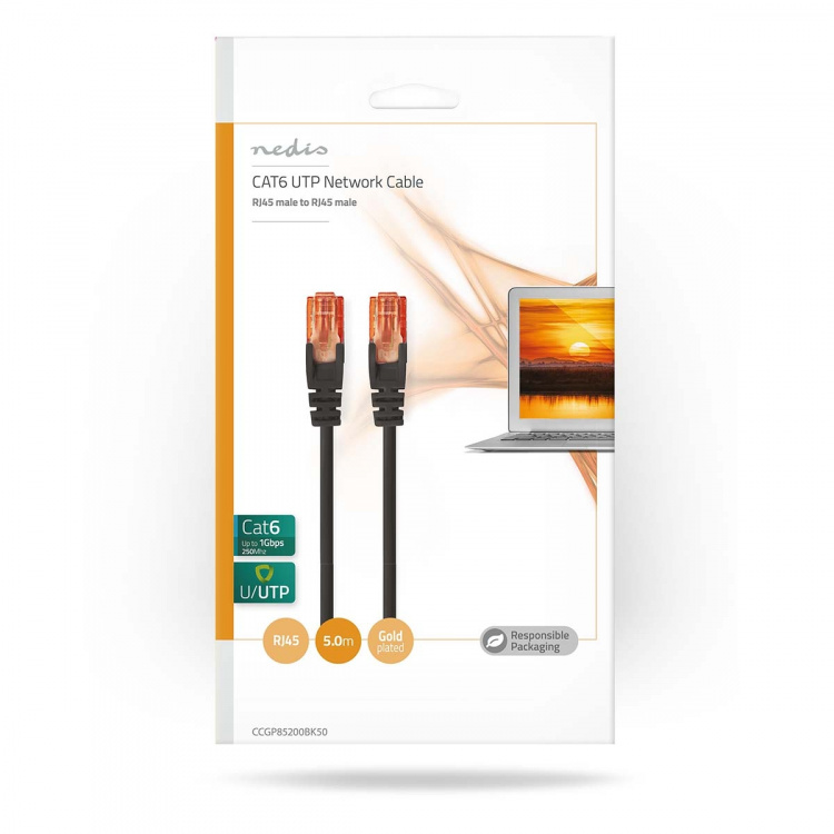 Nedis Kat 6 kabel | RJ45 Han | RJ45 Han | U/UTP | 5.00 m | Runde | PVC | Sort | Konvolut