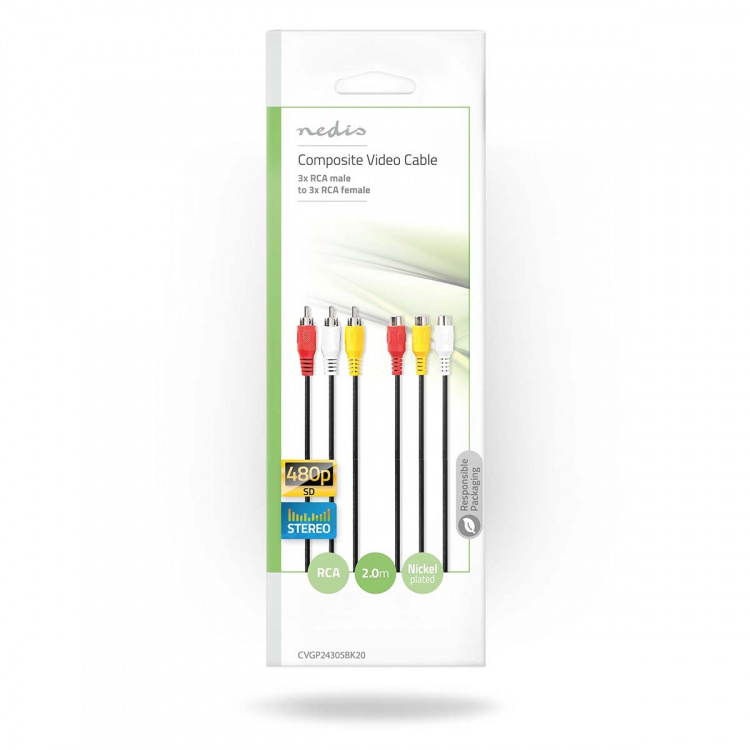Nedis Composite Video kabel | 3x RCA Han | 3x RCA Hun | Nikkelplateret | 480p | 2.00 m | Runde | PVC | Sort | Konvolut