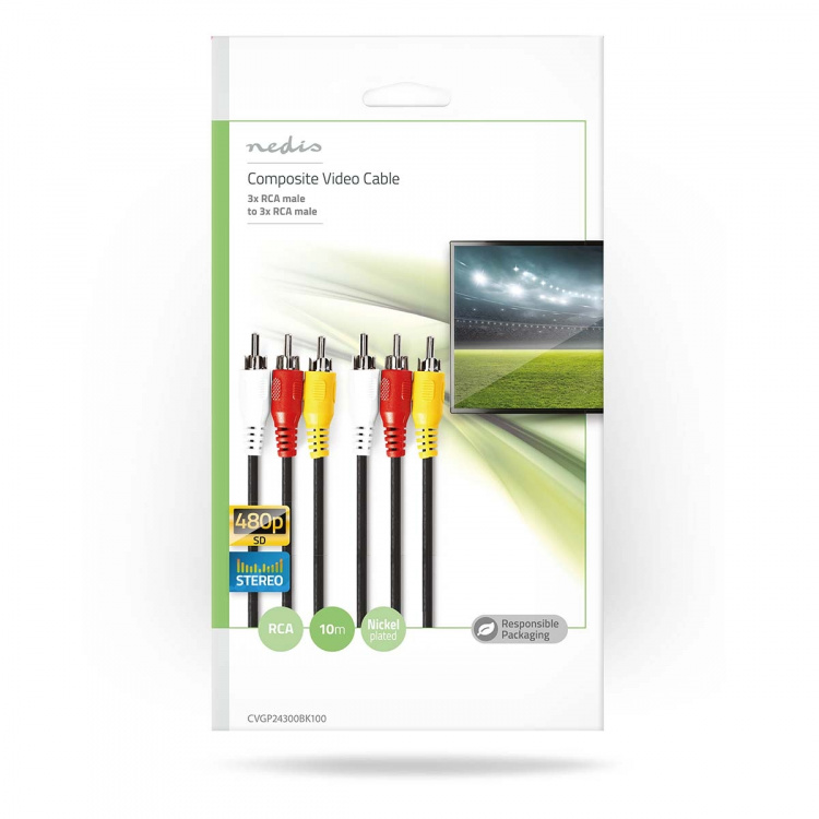 Nedis Composite Video kabel | 3x RCA Han | 3x RCA Han | Nikkelplateret | 480p | 10.0 m | Runde | PVC | Sort | Konvolut