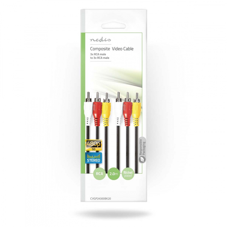 Nedis Composite Video kabel | 3x RCA Han | 3x RCA Han | Nikkelplateret | 480p | 2.00 m | Runde | PVC | Sort | Konvolut