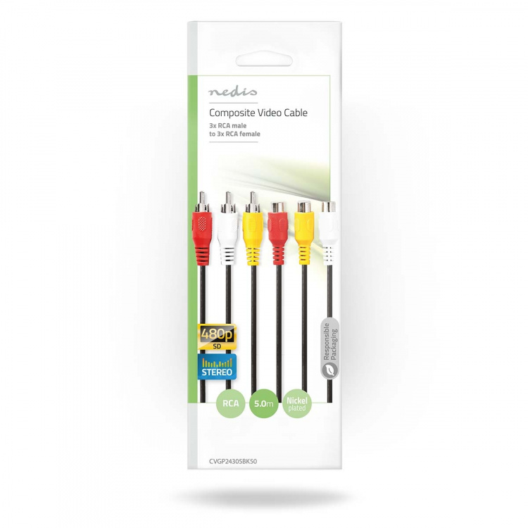 Nedis Composite Video kabel | 3x RCA Han | 3x RCA Hun | Nikkelplateret | 480p | 5.00 m | Runde | PVC | Sort | Konvolut