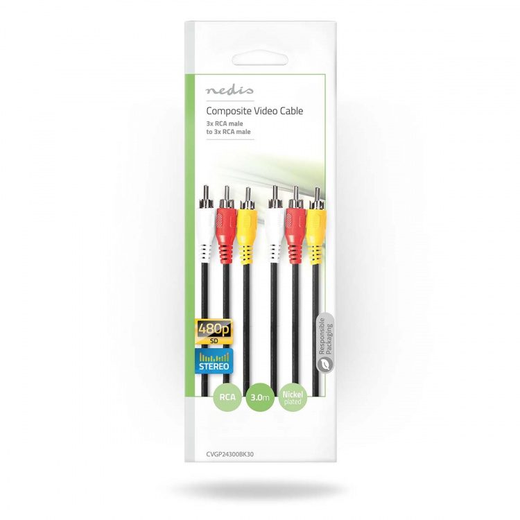 Nedis Composite Video kabel | 3x RCA Han | 3x RCA Han | Nikkelplateret | 480p | 3.00 m | Runde | PVC | Sort | Konvolut
