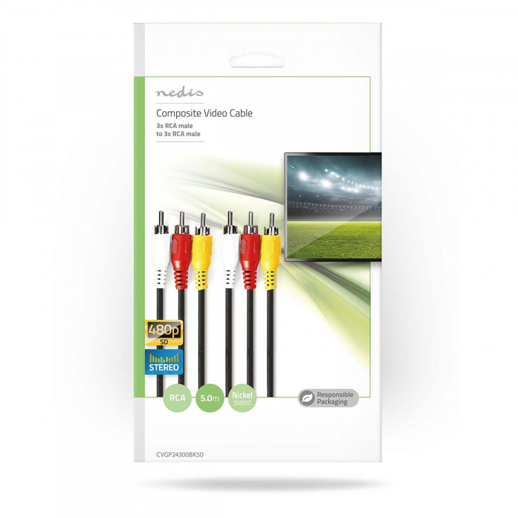 Nedis Composite Video kabel | 3x RCA Han | 3x RCA Han | Nikkelplateret | 480p | 5.00 m | Runde | PVC | Sort | Konvolut